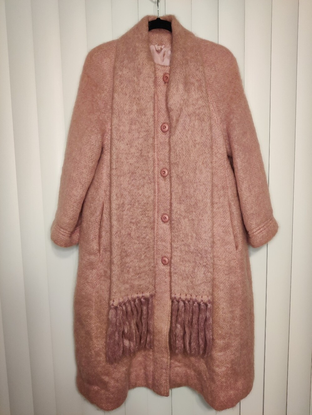 Donegal Design Blush Pink Mohair-Wool Pea Coat with Scarf Detail